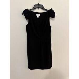 Ann Taylor Black Dress Size 4P EUC $98 Petites Loft Bow Shoulder V Neck Pleated